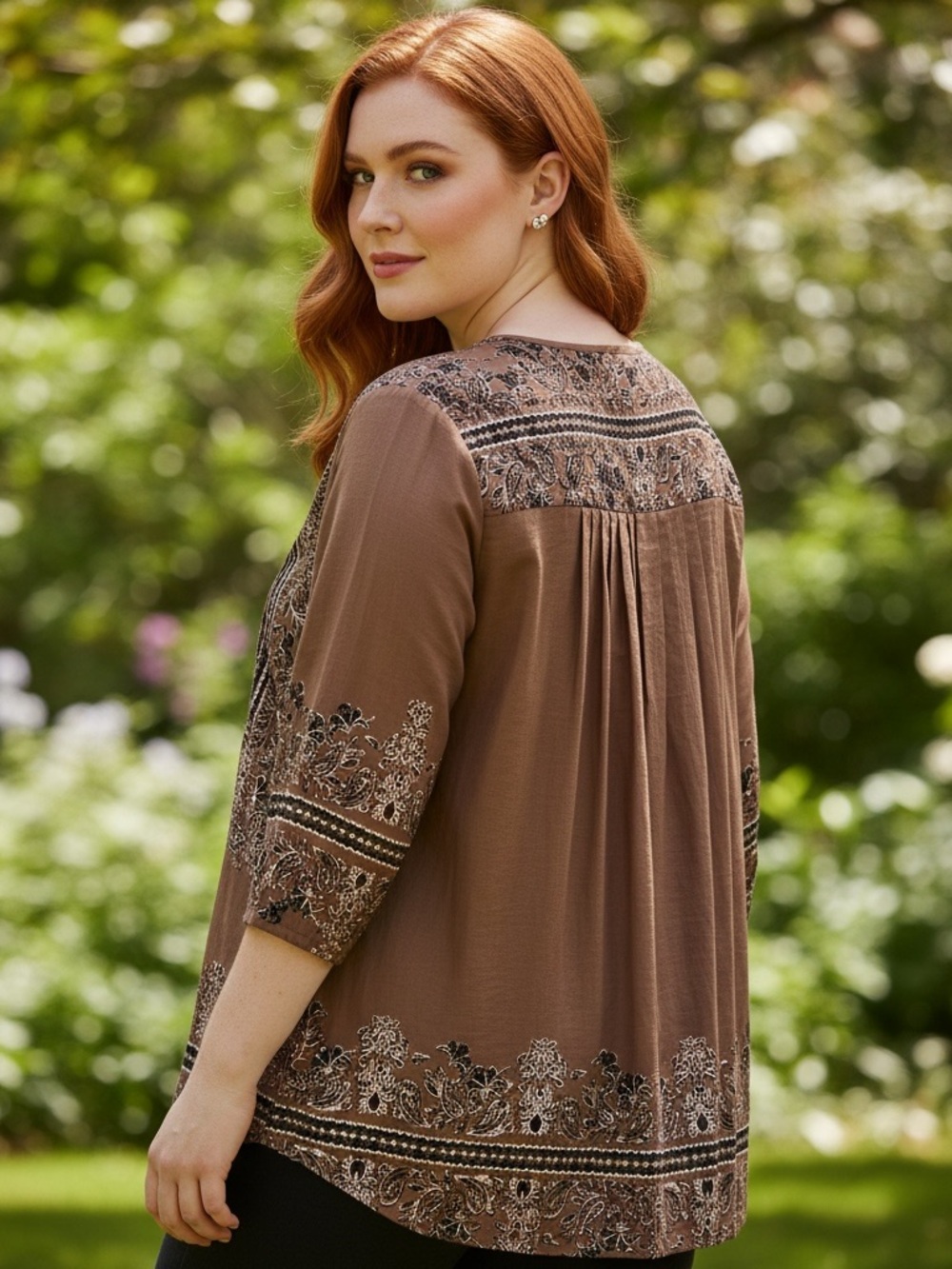 Denim 24/7 Plus Size Embroidered Brown Peasant Blouse 20W 100% Cotton - Picture 3 of 11